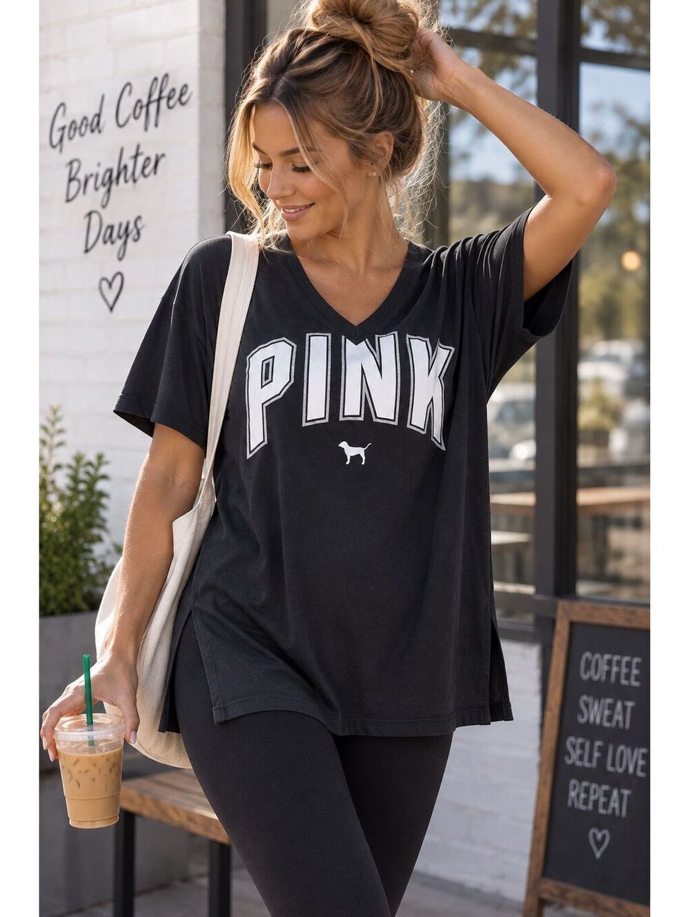 Pink v-neck logoed Tee oversized small
